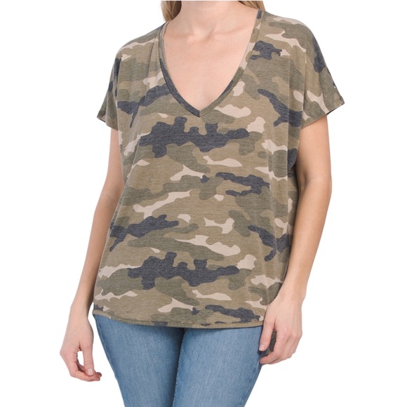 EXPRESS Camo Vneck Cap Sleeve HiLo Knit Tunic Top - Picture 4 of 5